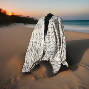 TAHARI Kimono Grey Snakeskin Beach Cover‎ Up w Pompom Fringe One Size